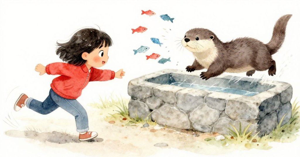 米拉急忙撒出玩具引動物注意，水獺於石槽後迅速躲藏，動態扭曲角度展現緊張與興奮。