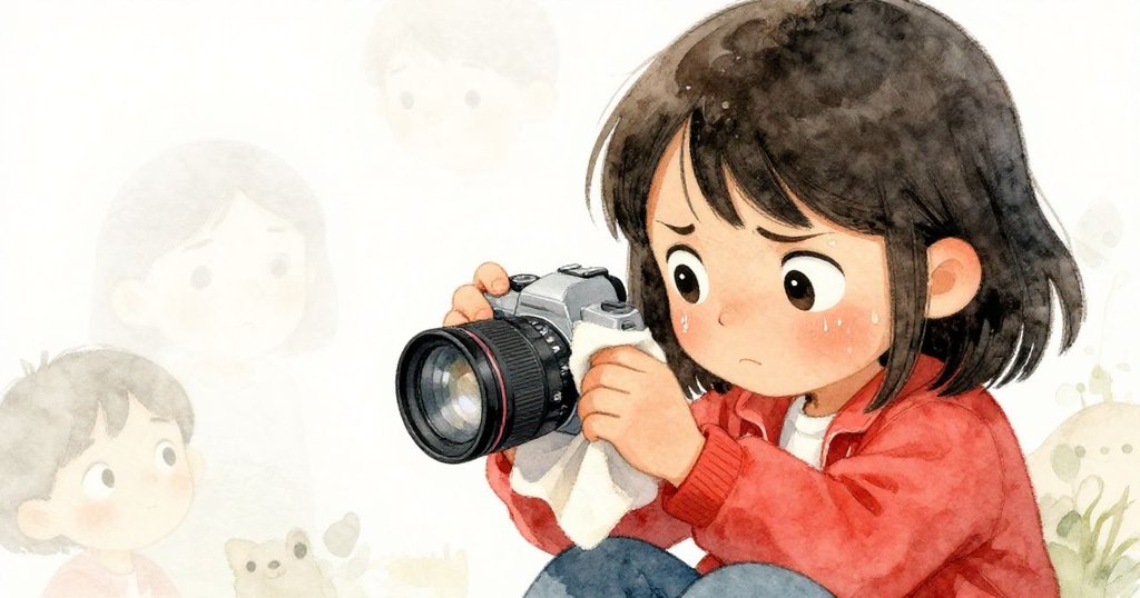 米拉專注修理相機鏡頭蓋，汗珠映出焦慮與堅持，特寫捕捉她內心掙扎與決心。