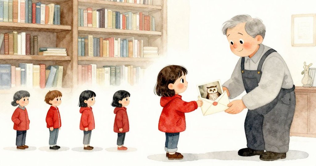 米拉在圖書館注視完成的展覽，照見昔日紅衣小女孩餵貓頭鷹的老照片，溫暖光線映出回憶與驚奇。