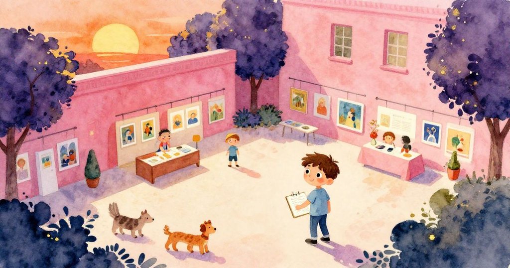 利奧步入展覽充滿繽紛色彩的博物館庭院，從高空俯瞰展現出鮮豔海報及動物園角落，充滿期待與好奇。