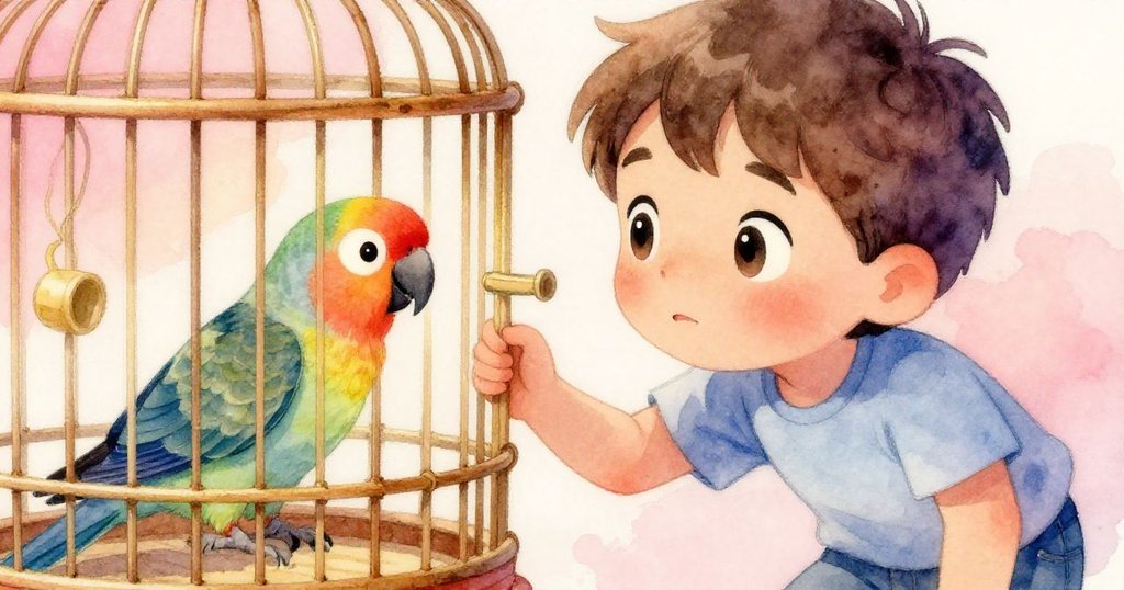 利奧聚精會神地觀察籠中鮮豔鸚鵡，臉上顯露出堅定與溫柔的表情，專注準備進行細緻速寫。