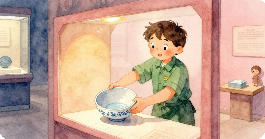 管理員在展覽內靜謐區域輕輕撿起翻倒的水碗，臉上略帶擔憂，認真地重新安排物品位置，環境溫馨。