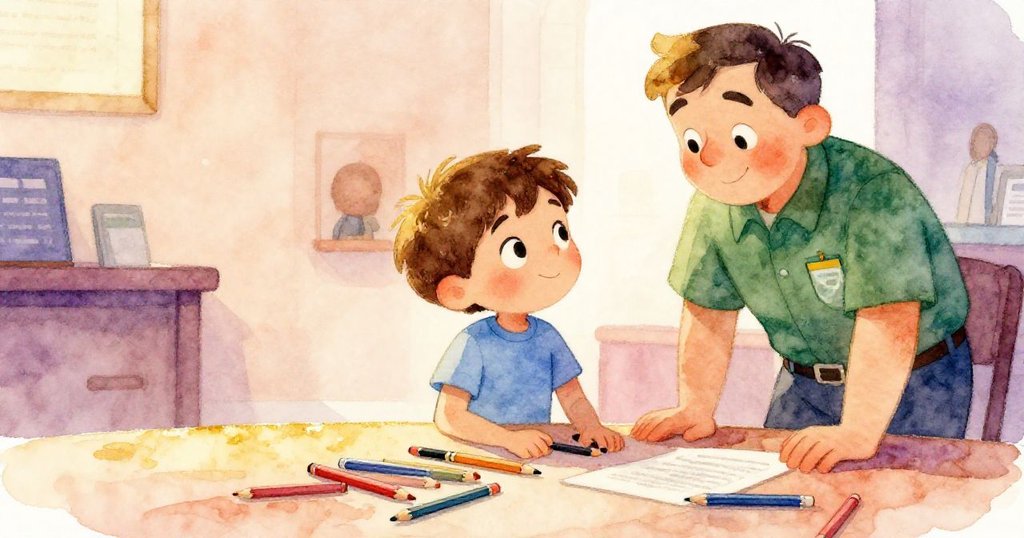 利奧忙著撿拾散落的鉛筆，與站在一旁安慰他的管理員互相交換憂慮眼神，現場溫馨感人。