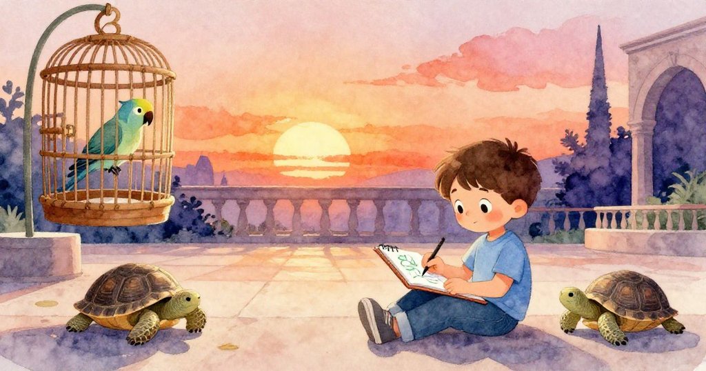 落日的金光灑在博物館庭院，利奧安坐於新速寫本前細心描畫，鸚鵡與烏龜恢復平靜，結局充滿溫暖寧靜。