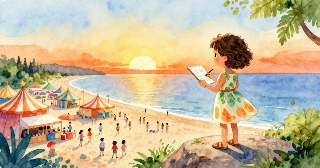 Maya站在海邊岩石上，舉著素描本俯瞰嘉年華與夕陽，臉上滿是期待與專注，整個場景充滿活力。