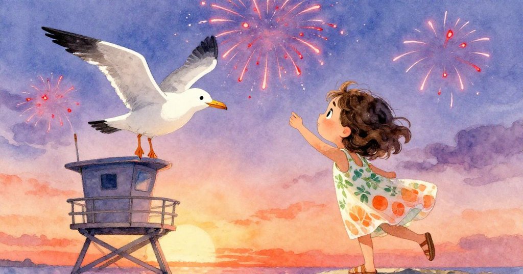 Maya在守望塔上注視著忽然綻放的煙火，透過海鷗視角看去，臉上露出驚喜與歡愉，煙火映紅夜空。