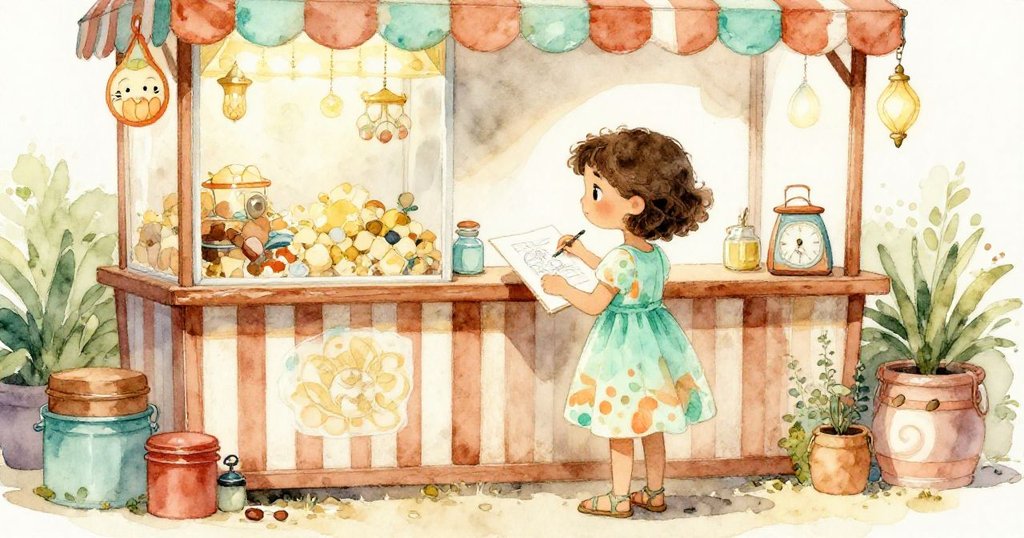 Maya在嘉年華後台的溫馨小儲藏室裡欣賞她的畫作，周圍擺滿色彩豐富的小物，臉上流露出自豪與寧靜。