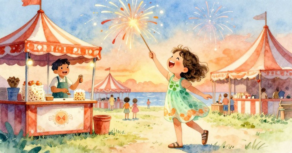 Maya與一位攤販在爆米花攤旁熱情交談，共同回憶煙火表演，背景是繁華嘉年華，兩人臉上滿是愉悅。