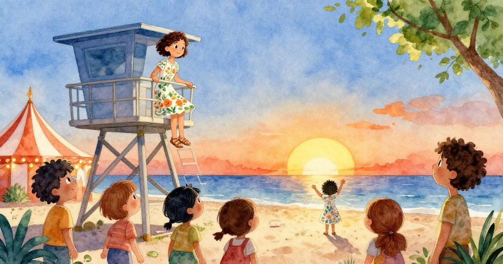 夜晚海邊，Maya下塔後與嘉年華朋友們重逢，分享她捕捉的夕陽與煙火美景，每個人皆滿懷驚喜與感動。