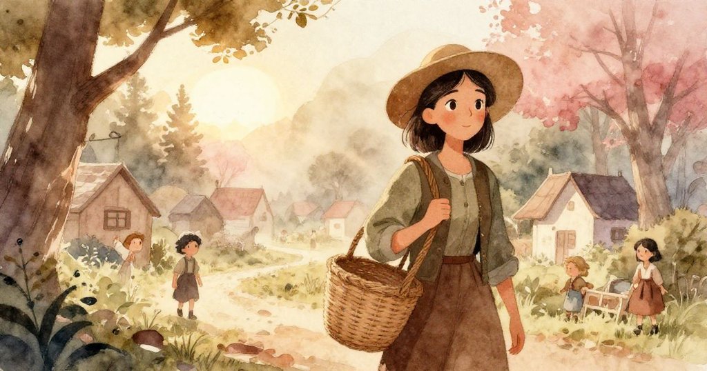 瑪拉在清晨微霧中離開村莊，小徑斜角拍攝，她揮動柳籃，神情專注與期待，環境充滿初曦光影。