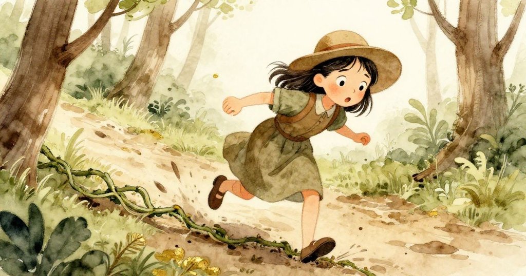 瑪拉在森林小徑彎道不慎踩到纏繞藤蔓，泥濘飛濺，她驚訝與焦急的表情彰顯冒險轉折。