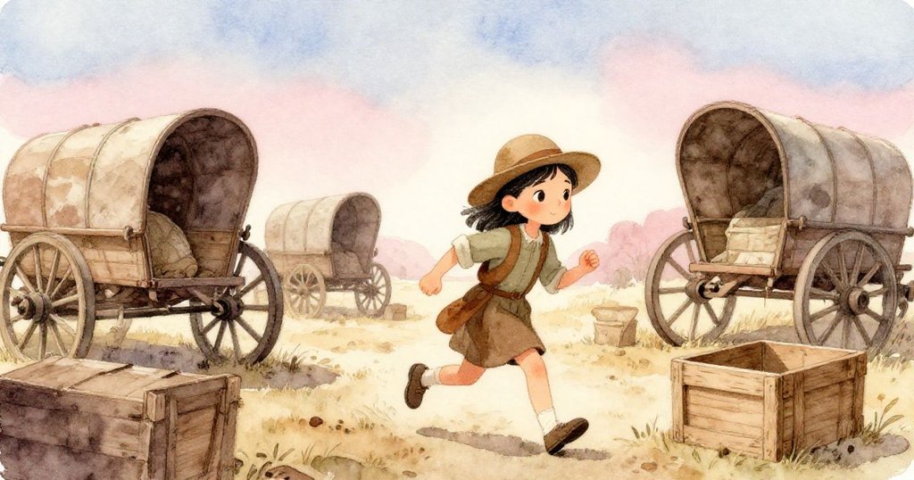 瑪拉急步走向樹蔭下彩繪馬車與散落木箱區域，背景從晨曦逐漸明亮，展現急迫與溫馨交織的營地氣氛。