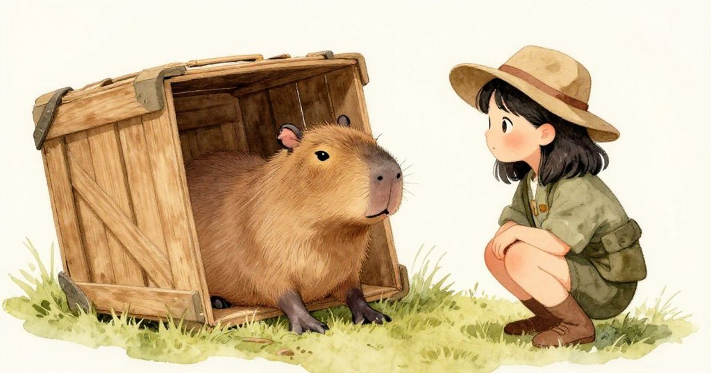 瑪拉在營地邊驚喜發現一隻水豚從歪斜木箱中出現，她低身觀察，神情充滿好奇與寧靜。