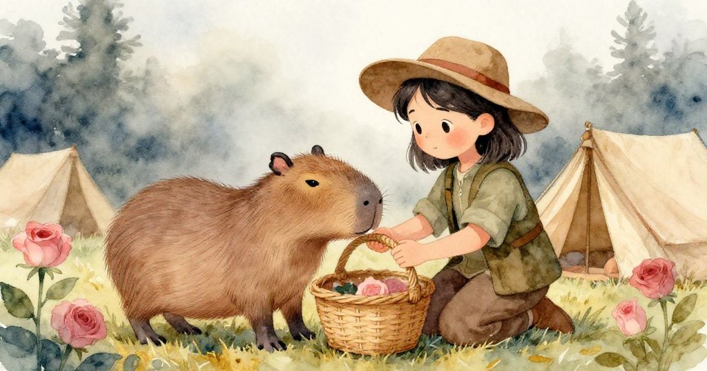 瑪拉輕柔地將水豚放入柳籃中，踏著晨霧向未知營地前進，神情溫柔堅定，畫面展現續篇希望與溫馨情懷。