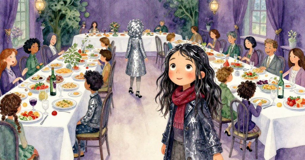 瑪拉小心地穿過長桌與人潮,腳步穩健地邁向排隊區,背景中展示豐盛的宴席和熱鬧氣氛。