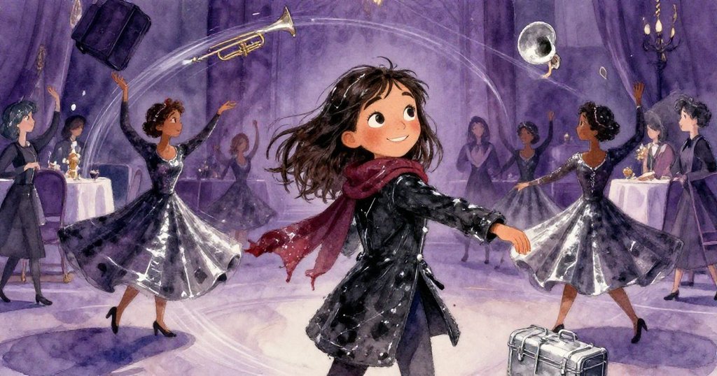 瑪拉在舞者旋轉間急速穿梭,幾乎撞上小號箱,展現宴會高潮的忙亂動感。