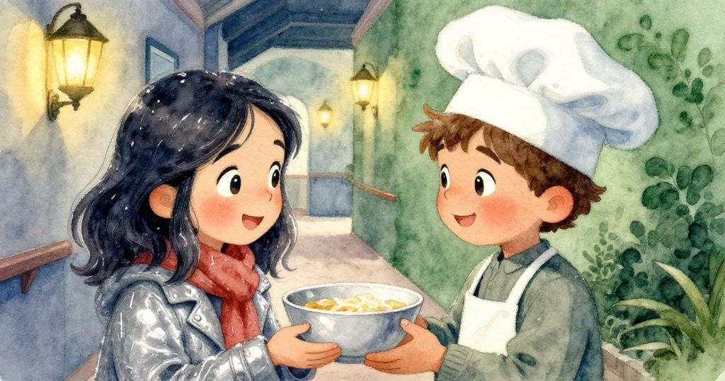 瑪拉在服務通道邊與廚師雷奧溫柔互動,雷奧遞上新碗,她滿足地拿著湯匙,燈光柔和而溫馨。