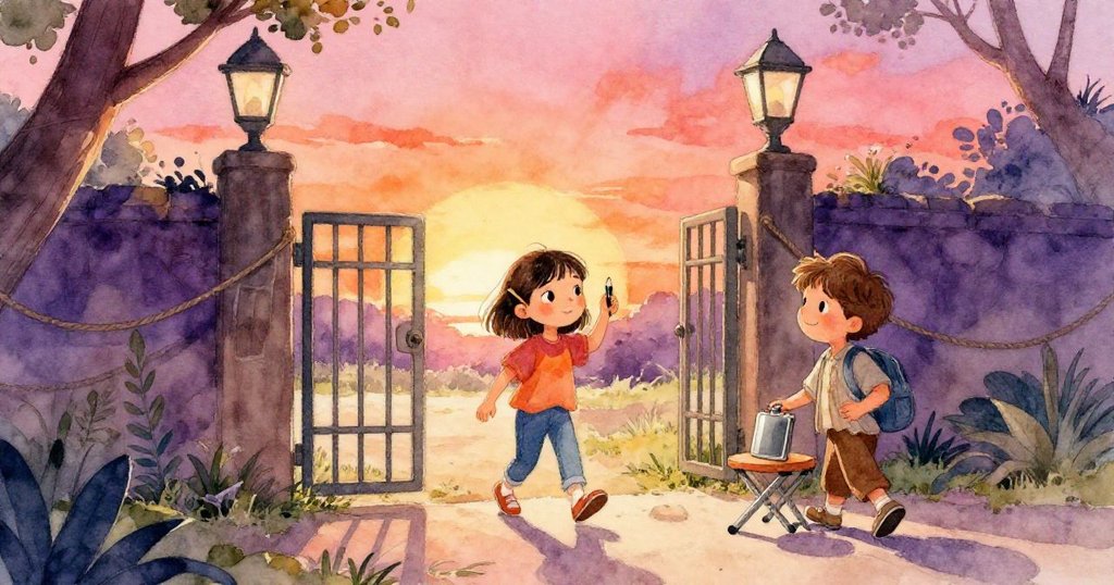 Mira踏入動物園大門，Leo在後陪伴，傾斜鏡頭展現溫暖日光與繩索隔離，充滿期待與探索的情緒。