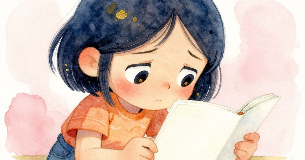 Mira專注凝視空白畫本，眼神中流露出失落與堅定，特寫展現她內心波動，背景以柔和色調襯托情緒。