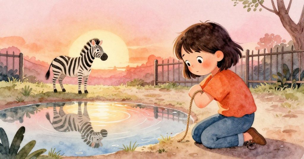 Mira蹲在水坑旁，用繩子穩住姿勢，專注描繪斑馬倒影，夕陽溫暖光芒灑落，展現藝術與自然和諧融合。