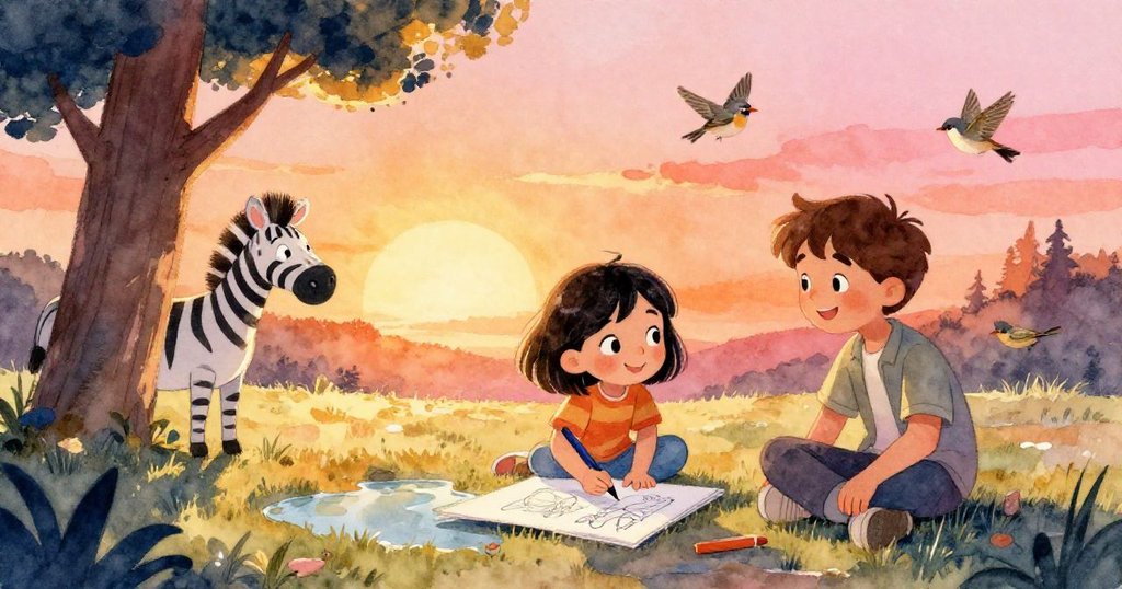 Mira完成畫作在水坑旁簽名，Leo陪伴鼓勵，斑馬樹後隱現，麻雀飛舞添喜悅，動物園景象洋溢勝利與共融情懷。