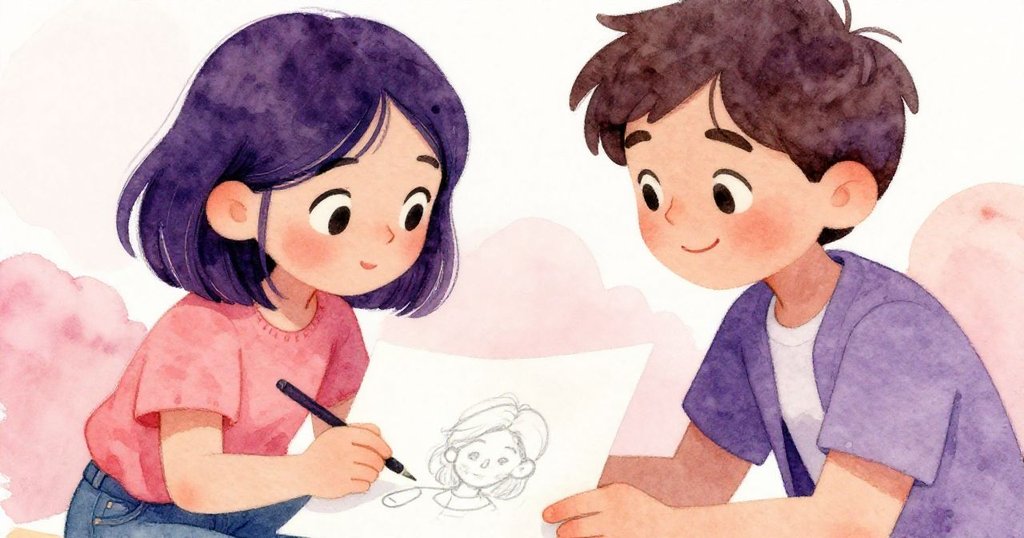 Mira與Leo面部特寫互動對視，Mira展示完成畫作，Leo微笑鼓勵，溫柔光線襯托出藝術夥伴間深厚情誼與共鳴。