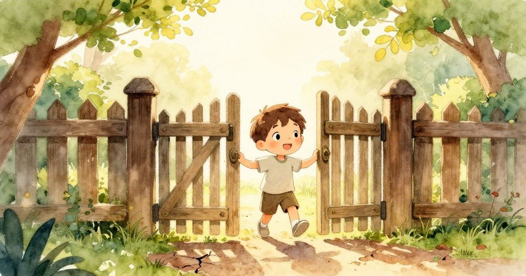 清晨金光灑落，Milo穿過後院木門，滿帶期待與好奇，眼前呈現龜裂土地和翠綠背景，展現開始新夢想的情景。