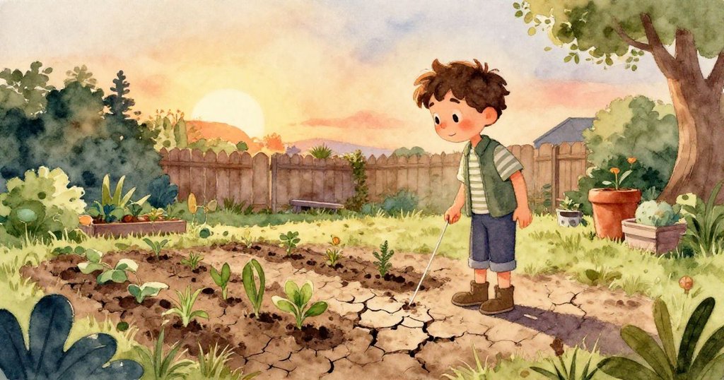 Milo正沿著粗糙土地小心邁步，留下一串清晰腳印和拉線痕跡，展現堅定與夢想起步的情境。