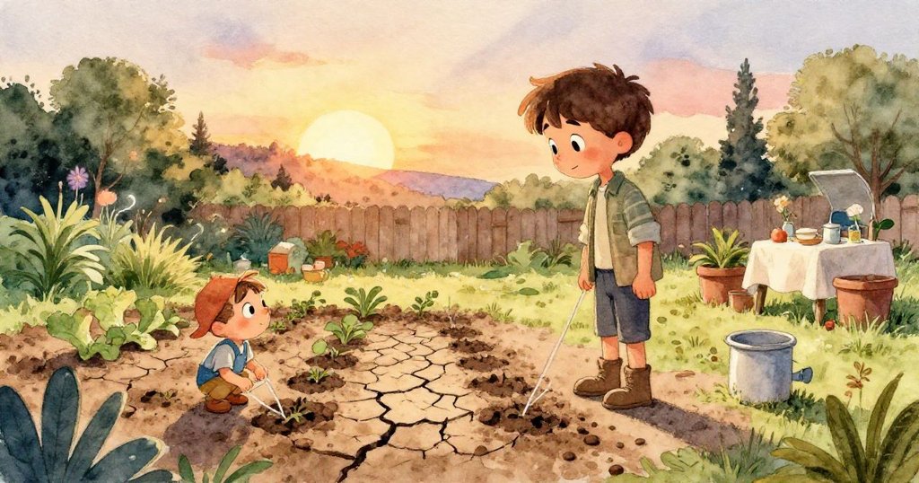 Milo專心澆灌新播種子，用小手輕撫濕潤泥土，陽光映照下露出對生命萌發的充滿希望和努力。