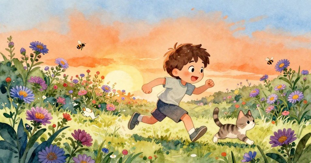 Milo追逐著調皮小貓，在午後柔光中偶遇盛開的野花與飛舞蜜蜂，展現驚喜與活力，探索未知新天地。