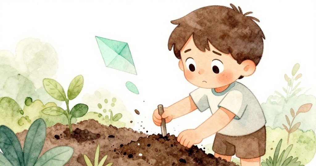 Milo憂心攪拌堆肥，同時注視著被風吹亂的筆記，眼神中流露出掙扎與堅定，展示成長過程中的內心糾葛。