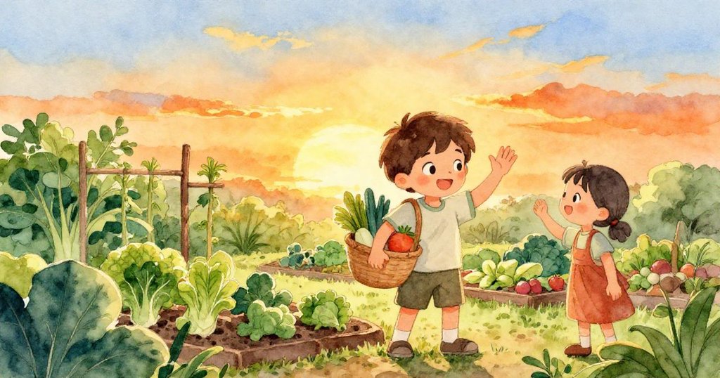 夕陽下Milo在豐收菜園中舉著滿載收獲的籃子，與鄰居共享喜悅，臉上展露燦爛笑容，呈現溫馨豐碩末章。