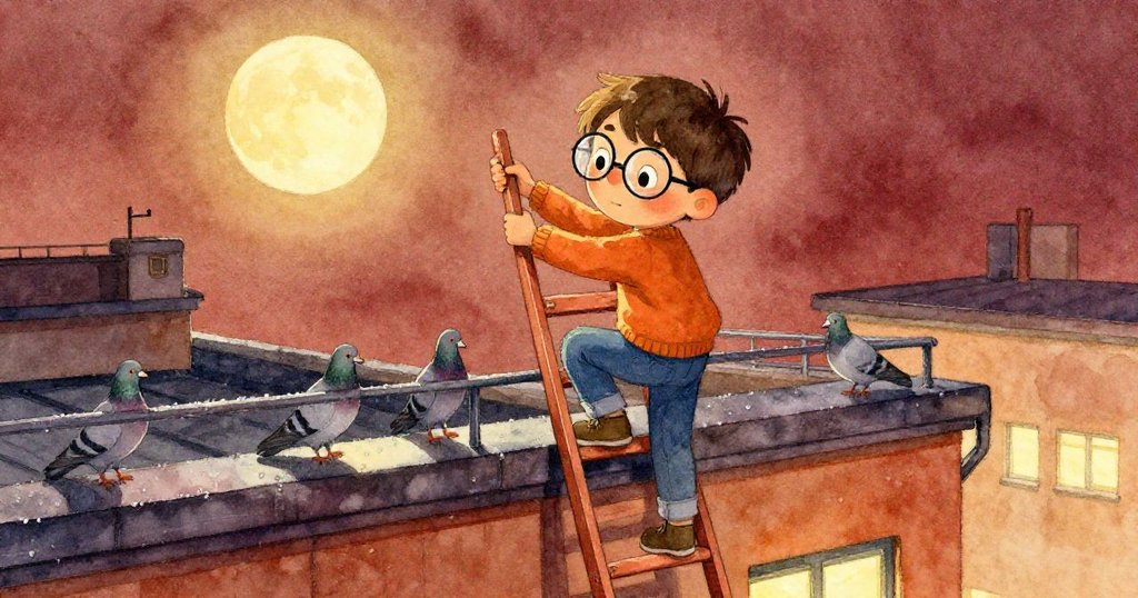泰奧在夜晚學校屋頂整理梯子，小鴿圍繞，月光靜謐，充滿期待與好奇。