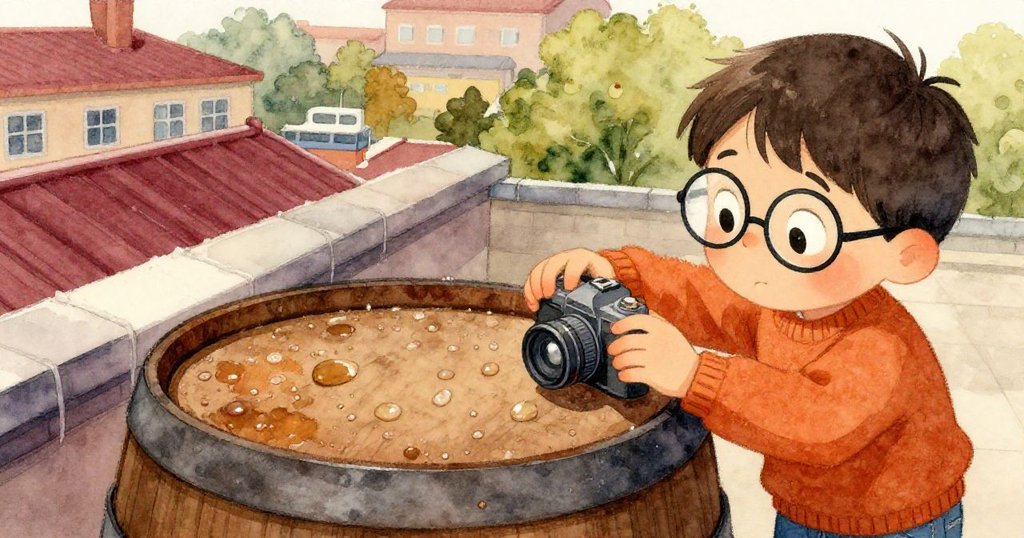 泰奧專注調整相機與備用電池，手中細節明顯，露水點綴舊桶與欄杆，充滿實驗熱忱。