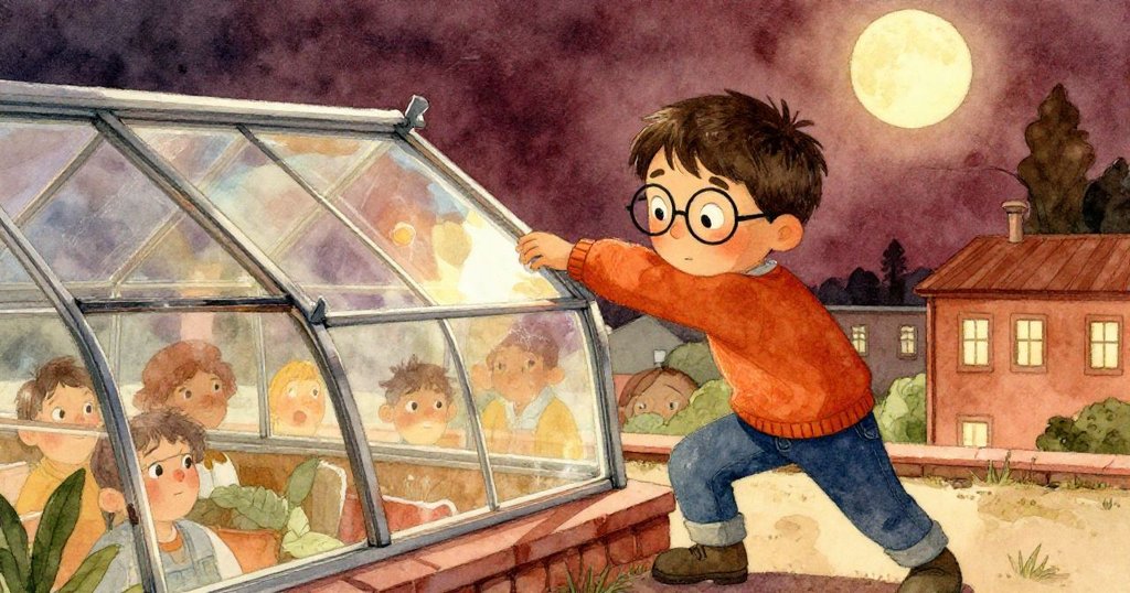 泰奧用肘部用力推動溫室側板，低角度展現金屬與玻璃摩擦下的堅定與小心。