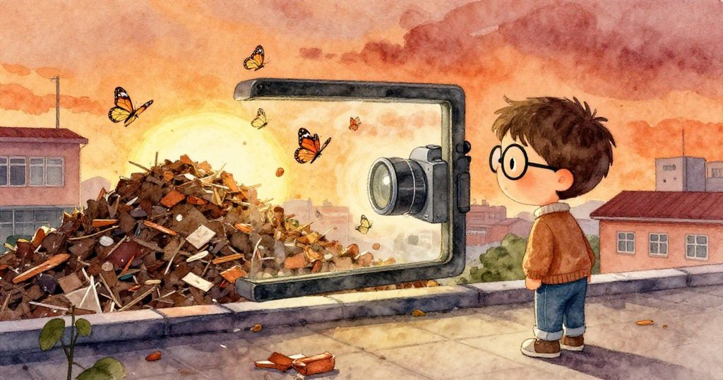 泰奧透過相機螢幕見證堆肥與魔幻蝴蝶交織畫面，真實與奇幻並存，充滿驚喜與希望。