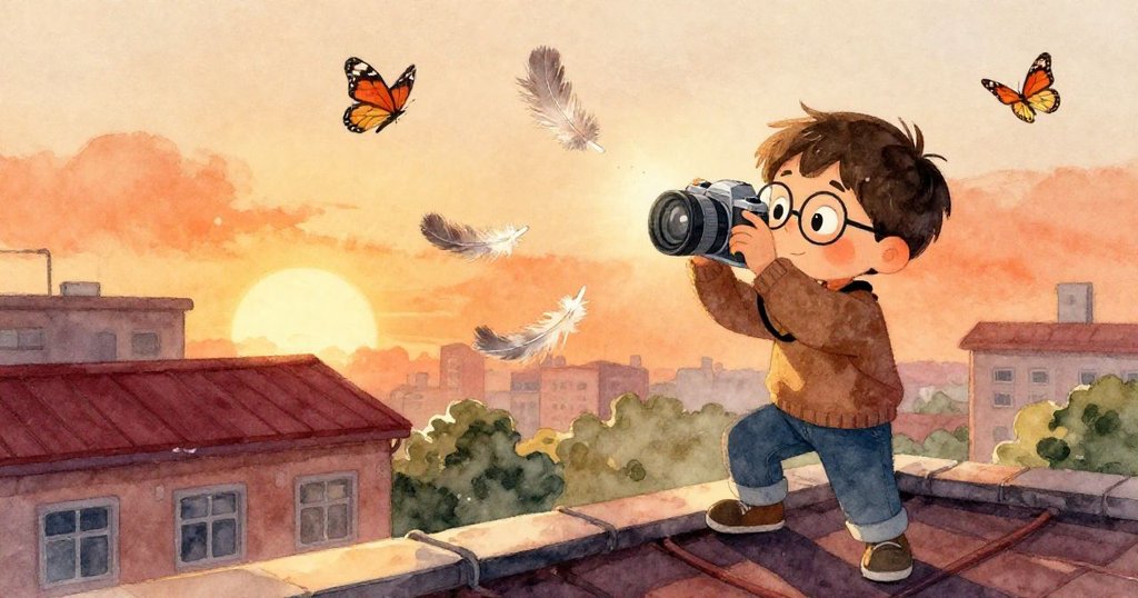 泰奧面帶微笑調整相機，晨光中羽毛飄舞，蝴蝶剛展翅，瞬間定格充滿驚喜與溫暖。