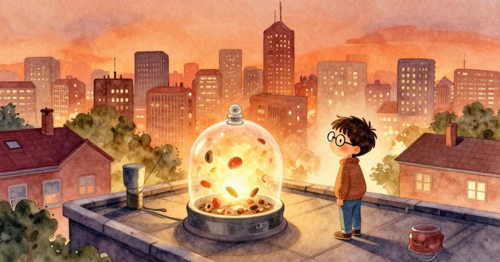 泰奧站在屋頂眺望晨曦中發光的堆肥實驗，背景城市甦醒，畫面寬廣而充滿敬畏。