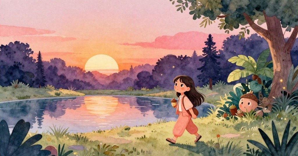 Maya手持橡果走入夕陽餘暉的公園,池塘與叢林環繞,神情充滿期待與喜悅