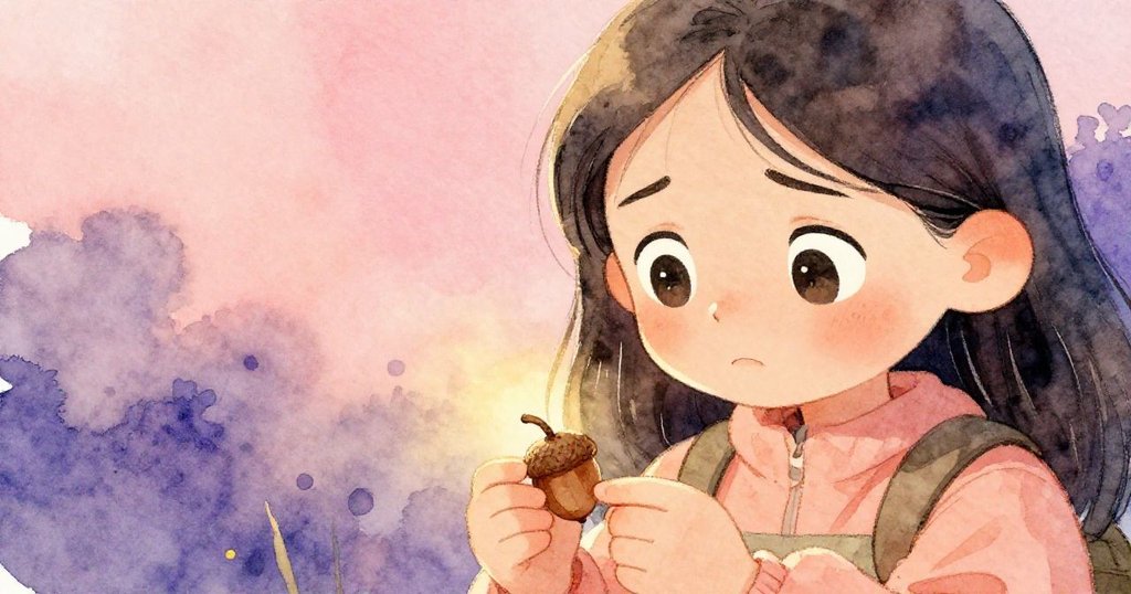 Maya專注凝視橡果,面部表情充滿思考與微憂,背景隱約展公園夕陽色彩