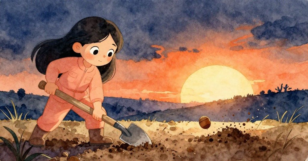 分畫面左邊Maya奮力推鏟,右邊橡果滑落飛揚土屑,場景動感且充滿夕陽色調