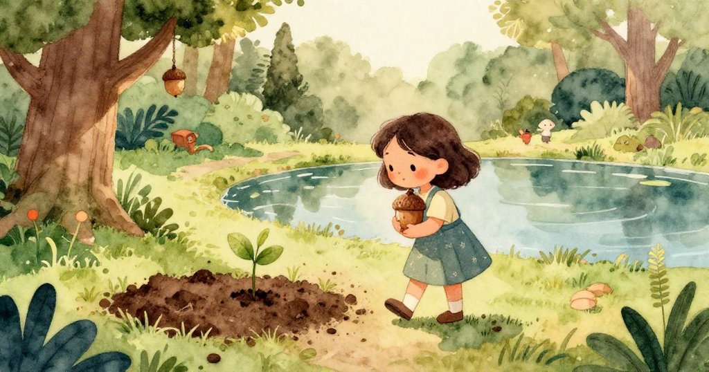 橡果彈跳跌入池塘,清水蕩漣漪,青蛙躍起伴蘆葦搖曳,整體色調柔和清新