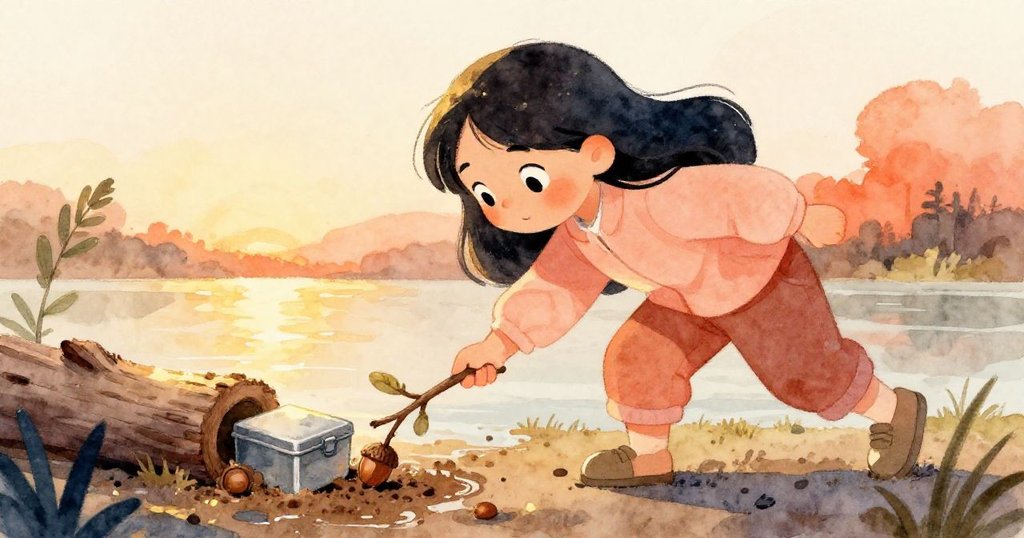 Maya急忙在水邊彎腰,用樹枝推動橡果,同時泥土動搖露出小金屬盒,充滿決心與驚喜