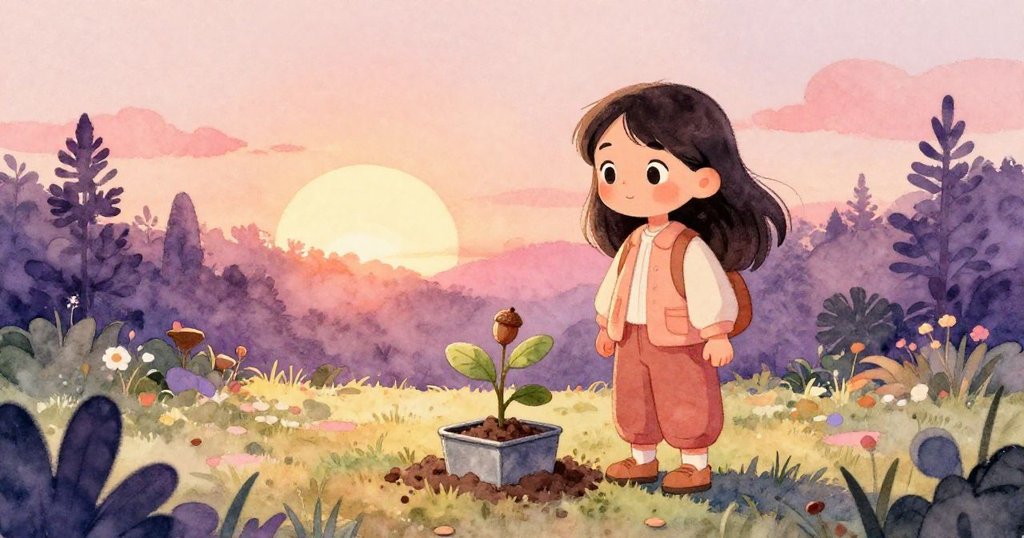 Maya站在夕陽下完成植橡果儀式,金屬盒與新土融合成和諧花園,臉上洋溢滿足與平靜