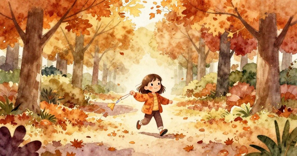 海倫在秋天的公園中快步走入，手持回收紙串，周圍樹葉飄落，臉上露出期待與快樂的表情，展現故事開始。