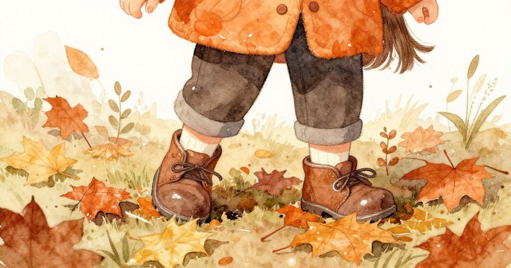 海倫的腳步輕踩落葉，濕潤色彩在鞋上展現秋日質感，微風吹拂葉片，畫面細膩呈現故事發展。