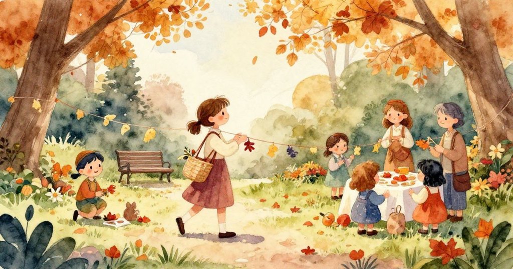 畫面左側展示樹枝上微搖的知更鳥窩，右側活潑松鼠搖動細枝落下橡果，秋天色彩交織展現故事情節。