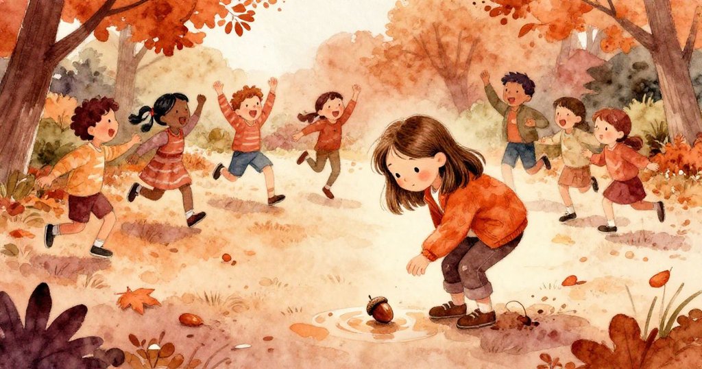 在關鍵時刻海倫彎腰拾取水坑中掉落的橡果，差點滑倒，背景中孩子們快樂跳舞，氣氛驚喜又溫馨。