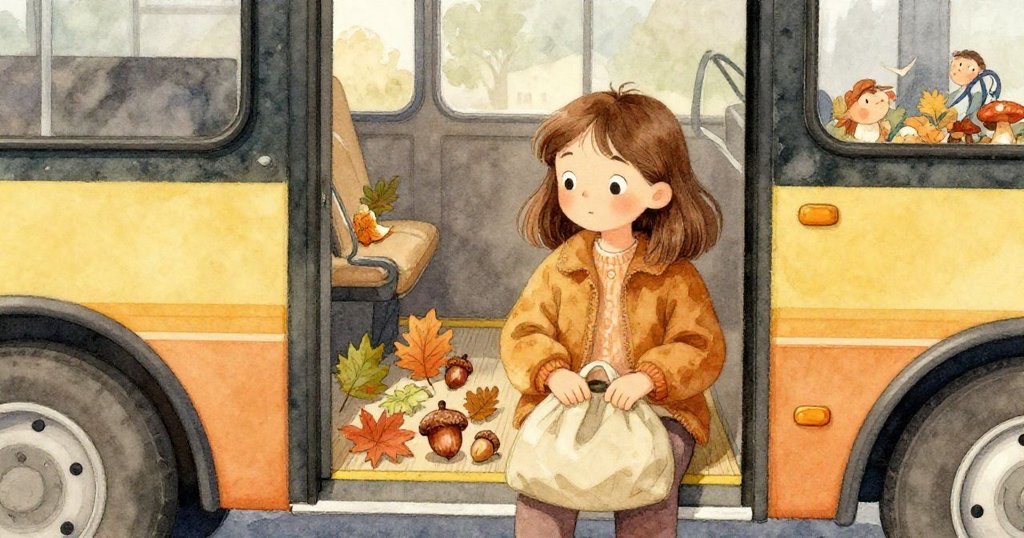 海倫坐於公園邊緣，包內穩放著拾獲的落葉、橡果與菇類，巴士門敞開，表情滿足地完成秋日探險旅程。