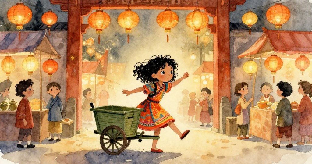 Maya在市集門口平衡木推車，剪影映襯明亮天空，燈籠搖曳，展現節日期待與歡樂氛圍。